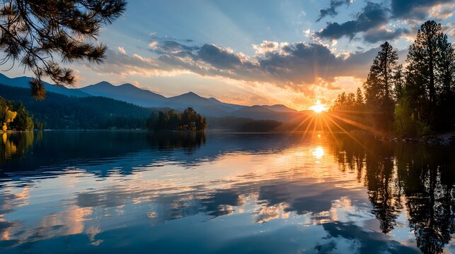 Sunburst over lake reflects mountains and trees at dawn.