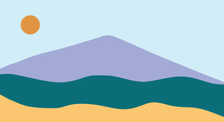 Fototapeta premium A minimalist landscape collection featuring abstract mountain and sunset scenes in flat color style. The artwork uses geometric shapes, simple compositions, and vibrant color palettes to create modern