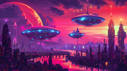 A vibrant cyberpunk cityscape with flying saucers under a colossal moon, showcasing a futuristic metropolis with neon lights and advanced architecture