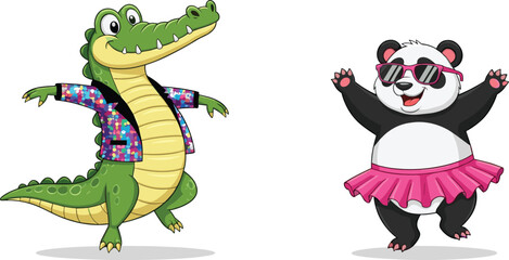 Obraz premium Cute cartoon crocodile wearing colorful jacket and happy panda in pink skirt with sunglasses, dancing animal characters, funny vector illustration, adorable design