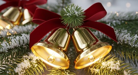 Golden christmas bells with red ribbon on snowy pine branches