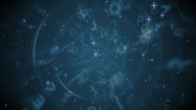 On opening frame floating letters spiraling inward as glowing core pulsing for cosmic vortex effect