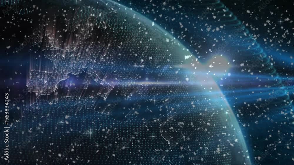 Wall mural purple beam sweeping across mesh causing sphere rotating and data points scattering to reveal earth
