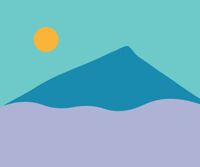 A minimalist landscape collection featuring abstract mountain and sunset scenes in flat color style. The artwork uses geometric shapes, simple compositions, and vibrant color palettes to create modern