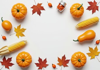 Fototapeta premium Autumn harvest arrangement featuring pumpkins corn leaves and berries creating a festive seasonal