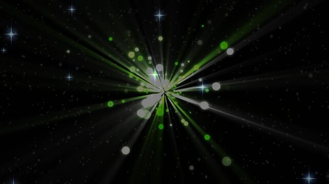 Speckle cluster emerging in cosmic field, core emitting beams drifting orbs creating starburst