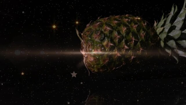 Pineapple entering void sparking lens flare, rotating, emitting falling sparkles and droplets