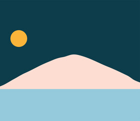 A minimalist landscape collection featuring abstract mountain and sunset scenes in flat color style. The artwork uses geometric shapes, simple compositions, and vibrant color palettes to create modern