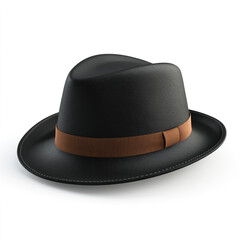 A stylish black fedora with a brown ribbon isolated on white background, perfect for adding a touch of sophistication to any outfit or occasion