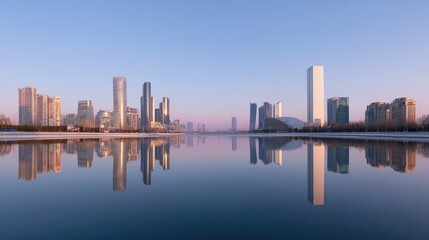 Fototapeta premium Serene Cityscape at Dusk with Reflections in Water and Modern High-Rise Buildings Against Soft Pastel Sky