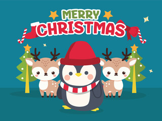 Merry Christmas greetings with cute pictures of Santa Claus, Christmas tree and reindeer