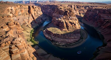 Aerial view of horseshoe bend with river and canyon formations