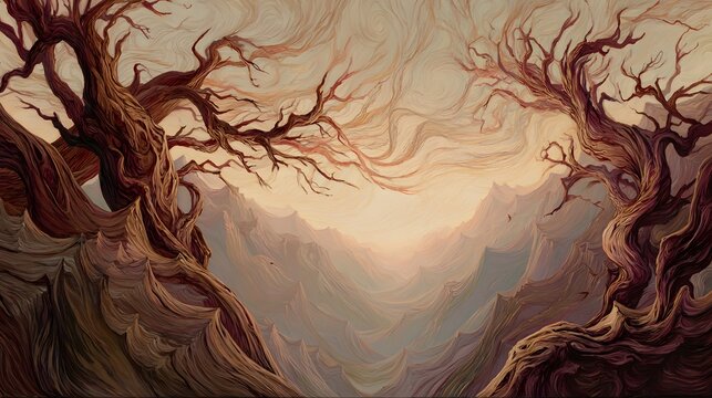 Ancient trees frame a dramatic mountain landscape at sunset.