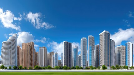 Fototapeta premium Modern Urban Skyline with Skyscrapers and Lush Green Landscapes under a Bright Blue Sky