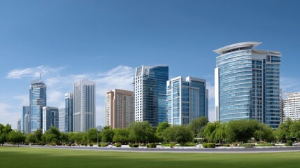 Fototapeta premium Modern city skyline with glassy skyscrapers and lush green park on a bright sunny day