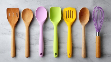 Colorful Kitchen Utensils for Cooking and Baking on a Gray Marble Background