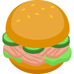 Isometric Style Hamburger Icon With Sesame Seeds On Bun And Sliced Pickles Lettuce And Meat Patties On Transparent Background