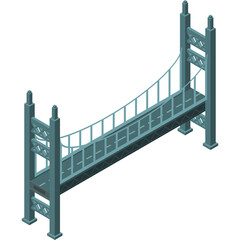 Isometric Pixel Art Suspension Bridge Structure with Teal Blue Color Tone and Grey Road Section Set Against a White Background