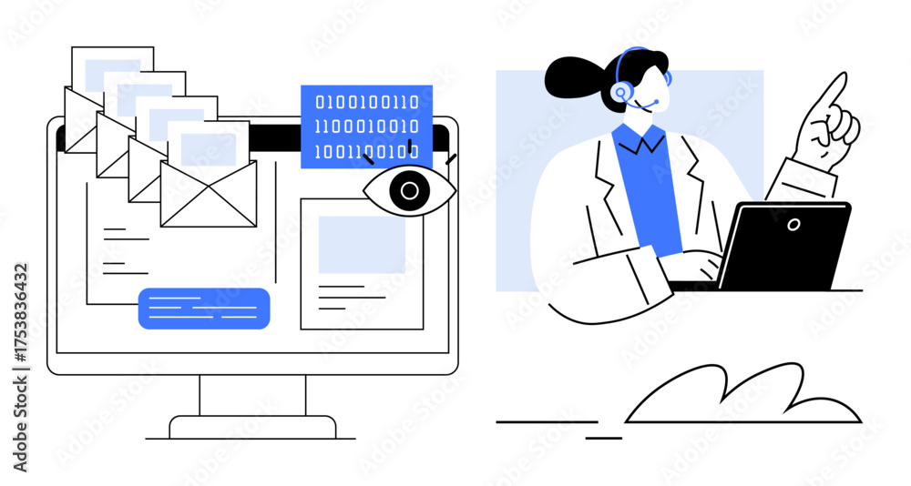 Wall mural desktop with emails, eye, and binary code screen for cybersecurity paired with headset user on lapto