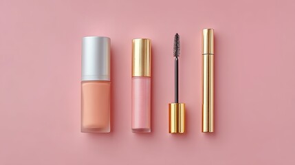 Obraz premium Beautiful Array of Makeup Products on Soft Pink Background for Cosmetics Advertising and Beauty Promotion