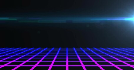 On start neon grid extending toward horizon with hovering blue light streak as retro background - Powered by Adobe