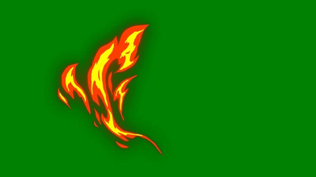 A red fire on green background and with white border screen an arrow pointing to the left clock it bird flying in air yellow green screen animated chromakey background elements gesture