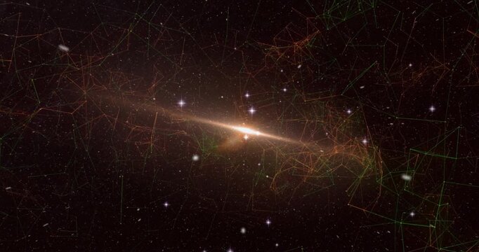 Camera zooming through wireframe mesh with light streaks forming glowing galactic disc cosmic depth