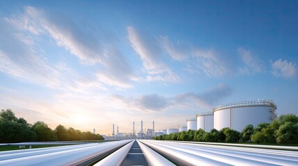 Obraz premium Modern Industrial Landscape with Pipelines and Storage Tanks Under a Clear Blue Sky at Sunset
