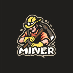 Miner mascot logo design vector. Miner illustration with mining tools in hand.