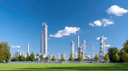 Obraz premium Industrial Plant Against Clear Blue Sky with Lush Green Grass and Trees in Foreground
