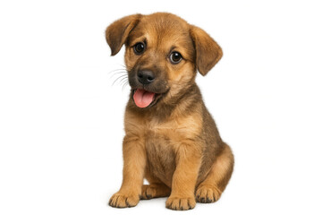 Puppy sitting on transparent background, brown canine looking at camera, young dog with tongue out