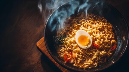 Steaming hot instant noodles with a boiled egg and chili.