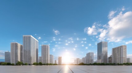 Fototapeta premium Modern Urban Cityscape with High-Rise Buildings and Futuristic Technology Concept Under Blue Sky