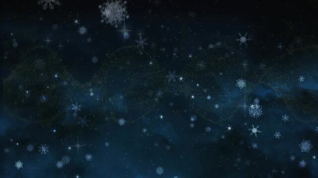 On start cosmic backdrop pulsing with glowing snowflakes drifting and rotating creating snowfall