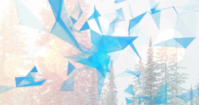 Cluster of blue triangles materializing, linking, drifting, dissolving and revealing winter forest