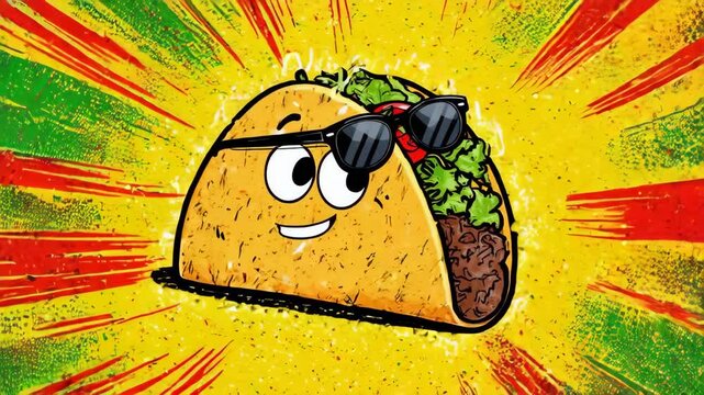 Smiling taco with sunglasses, vibrant background, cartoon style