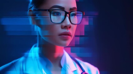 Young asian woman doctor with glasses looking at a virtual screen, using futuristic medical technology, digital health concept, video footage - Powered by Adobe