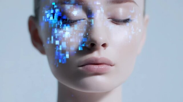 Woman with closed eyes and blue pixelated data overlay on face for medical technology and futuristic health concept, footage.