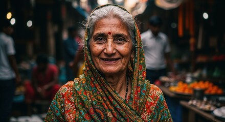 Obraz premium Joyful Senior in the Market: A radiant senior woman smiles warmly, her eyes crinkling with happiness, as she stands amidst the bustling activity of a vibrant marketplace.