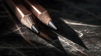 Naklejka premium Two sharpened graphite pencils rest on a dark marbled surface with dramatic shadows.