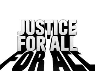 Justice For All motivational typography with powerful, cracked white lettering against a dramatic black background, conveying equality and freedom.