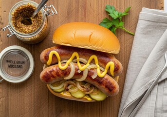 Grilled bratwurst sandwich with mustard, pickles and caramelized onions on brioche bun — top view