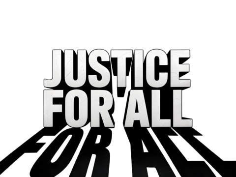 Justice For All motivational typography with powerful, cracked white lettering against a dramatic black background, conveying equality and freedom.