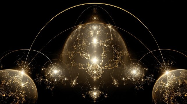 Celestial bodies linked by harmonic resonance lines, dancing in space with a fading phantom planet.