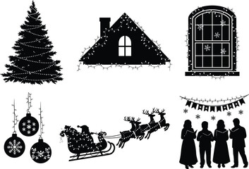 Christmas silhouette set with Santa sleigh, house, ornaments, carol singers, window, tree, garland, holiday vector decorations bundle