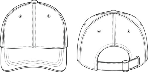 Baseball cap technical drawing, front and rear view, adjustable strap, stitching detail, vector sketch, fashion accessory, headwear design, template