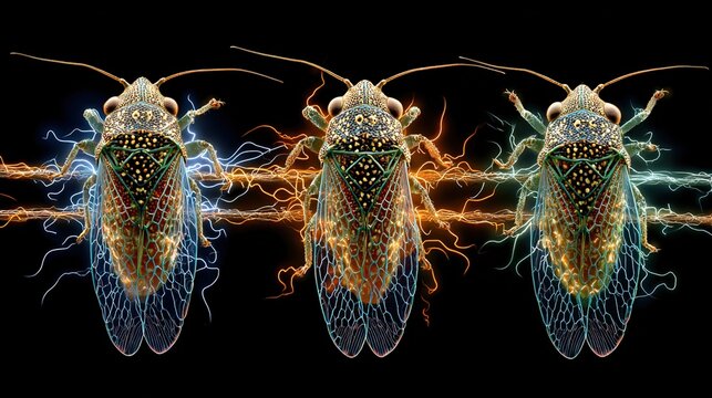 Fantastically shaped treehoppers with electrical charge visualizations surrounding their uniquely evolved bodies