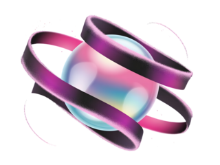 Iridescent 3D sphere wrapped by a dark textured purple ribbon, symbolizing abstract technology and cosmic energy.