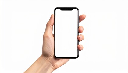 Close-up of hand holding modern smartphone with blank screen isolated on white background. High quality studio shot. Concept for technology, business, finance, advertising and public relations.