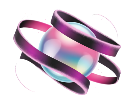 Iridescent 3D sphere wrapped by a dark textured purple ribbon, symbolizing abstract technology and cosmic energy. - Powered by Adobe